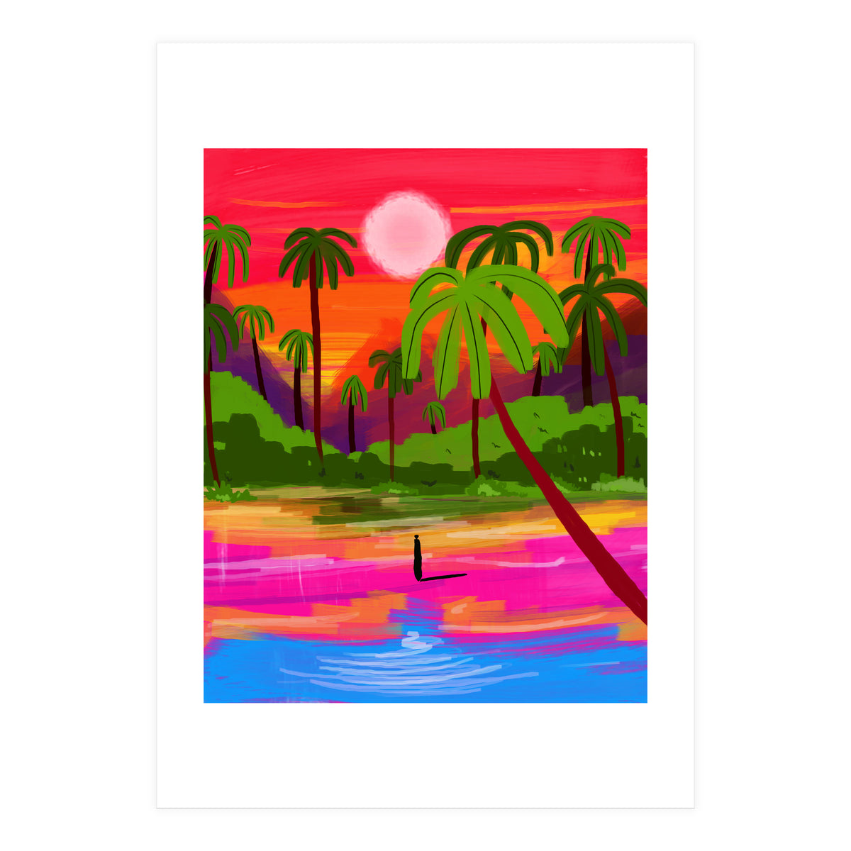 My Shadow & I, Sunset Painting Lake Beach Seashore, Tropical Nature Landscape Colorful Bohemian Traditional, Travel Concept Companion (Print Only)
