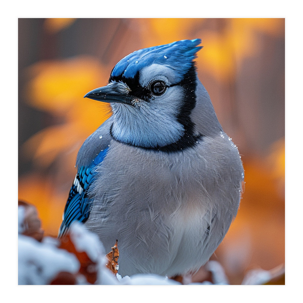 Blue Jay Bird In Winter Snowfall And Leaves (Print Only)