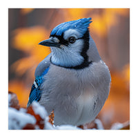 Blue Jay Bird In Winter Snowfall And Leaves (Print Only)