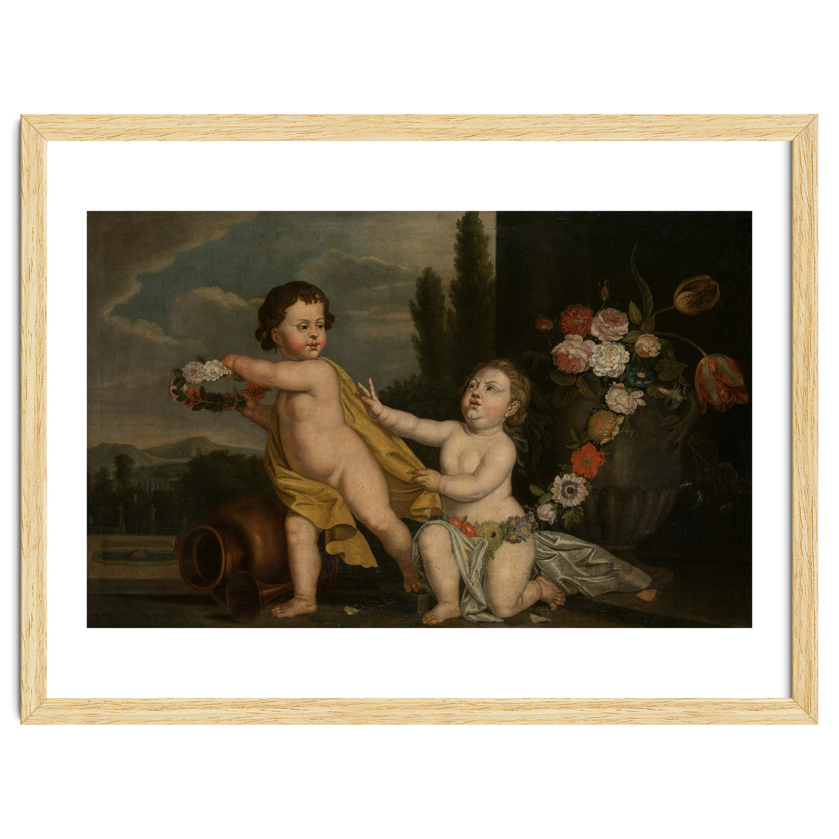 German Master (18th Century) – Two Putti with Garlands of Flowers