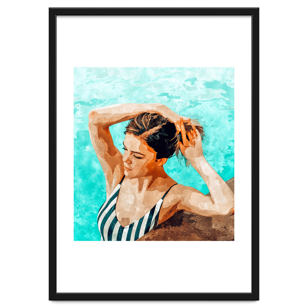 Simulacrum | Modern Bohemian Woman Swim | Summer Swimming Pool Fashion Watercolor Painting
