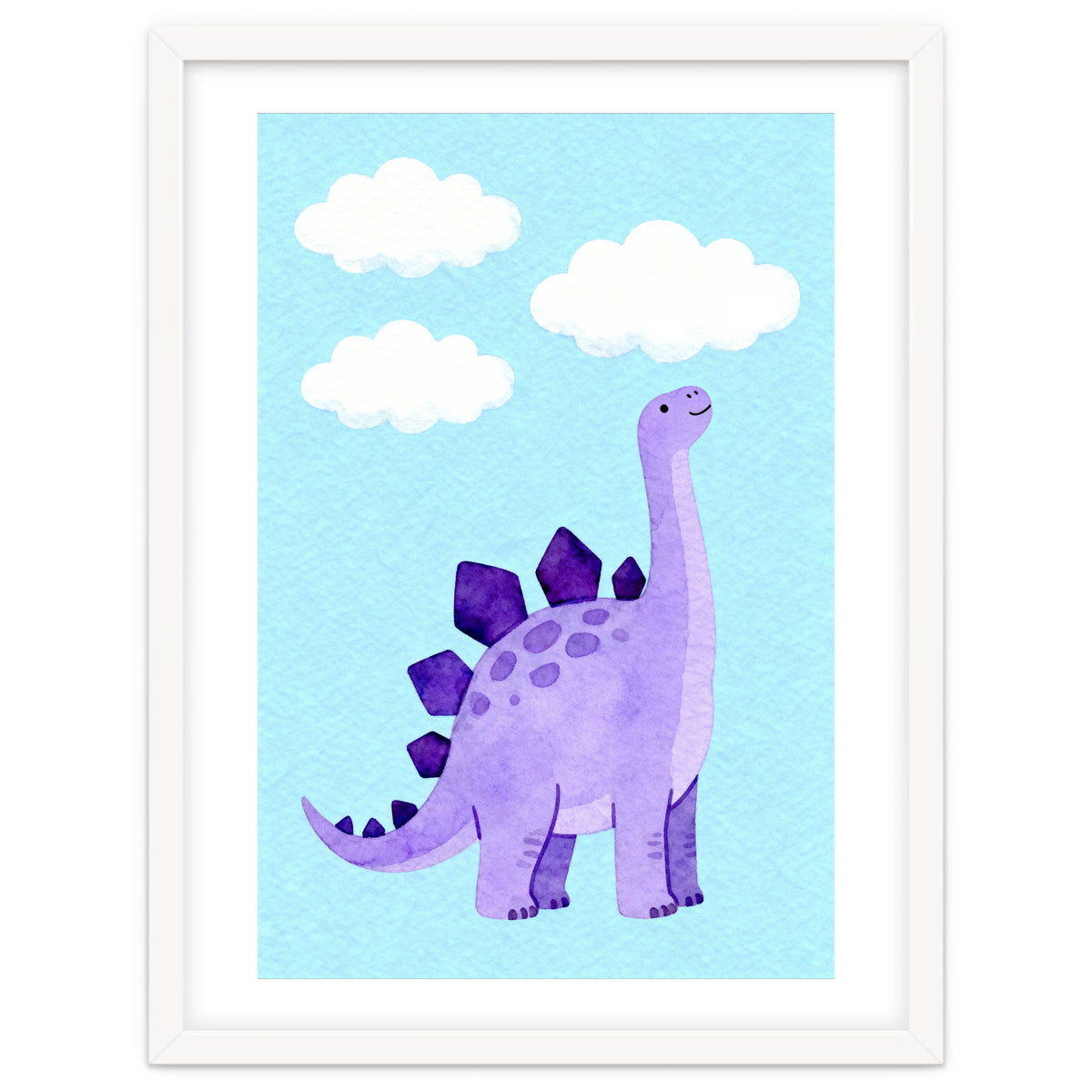 Purple Stegosaurus Watercolor Art, Cute Dinosaur Nursery Print, Dino and Clouds Illustration