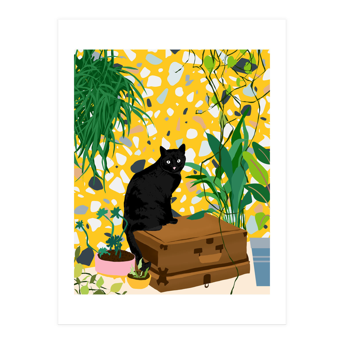 Urban Jungle Cat, Black Cats Pets Terrazzo Decor, Whimsical Bohemian Animals Illustration, Eclectic Quirky Travel (Print Only)