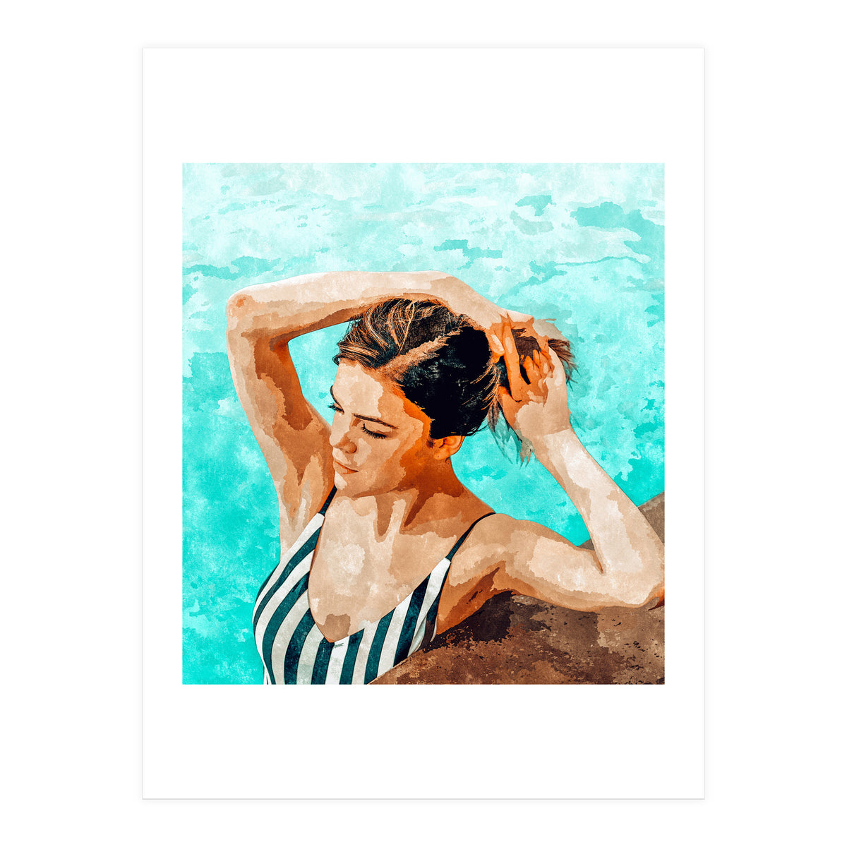 Simulacrum | Modern Bohemian Woman Swim | Summer Swimming Pool Fashion Watercolor Painting (Print Only)