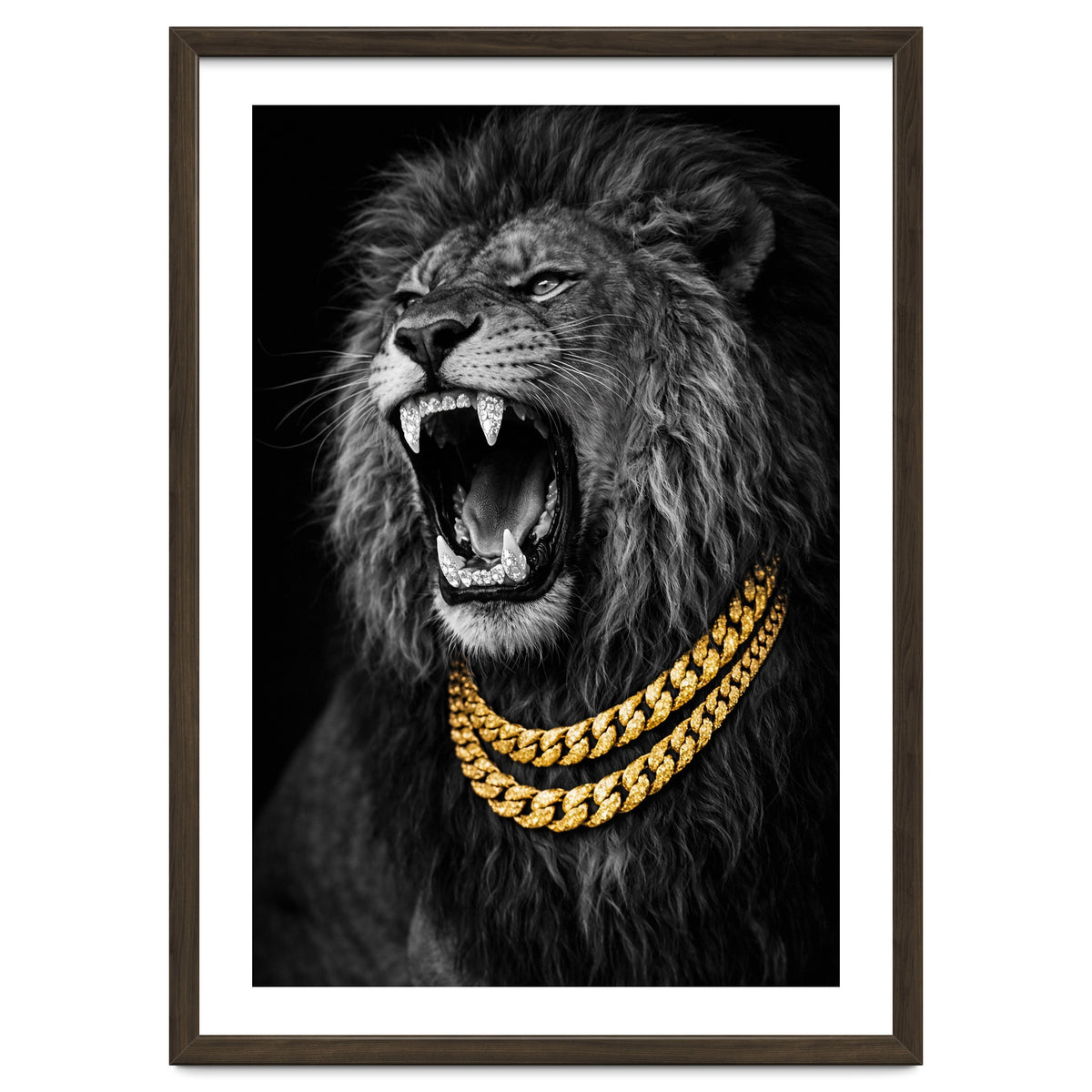 Bejweled hyper-realistic lion photography,diamond fangs portrait