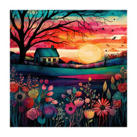 Watercolor Folk Art Sunset Landscape (Print Only)