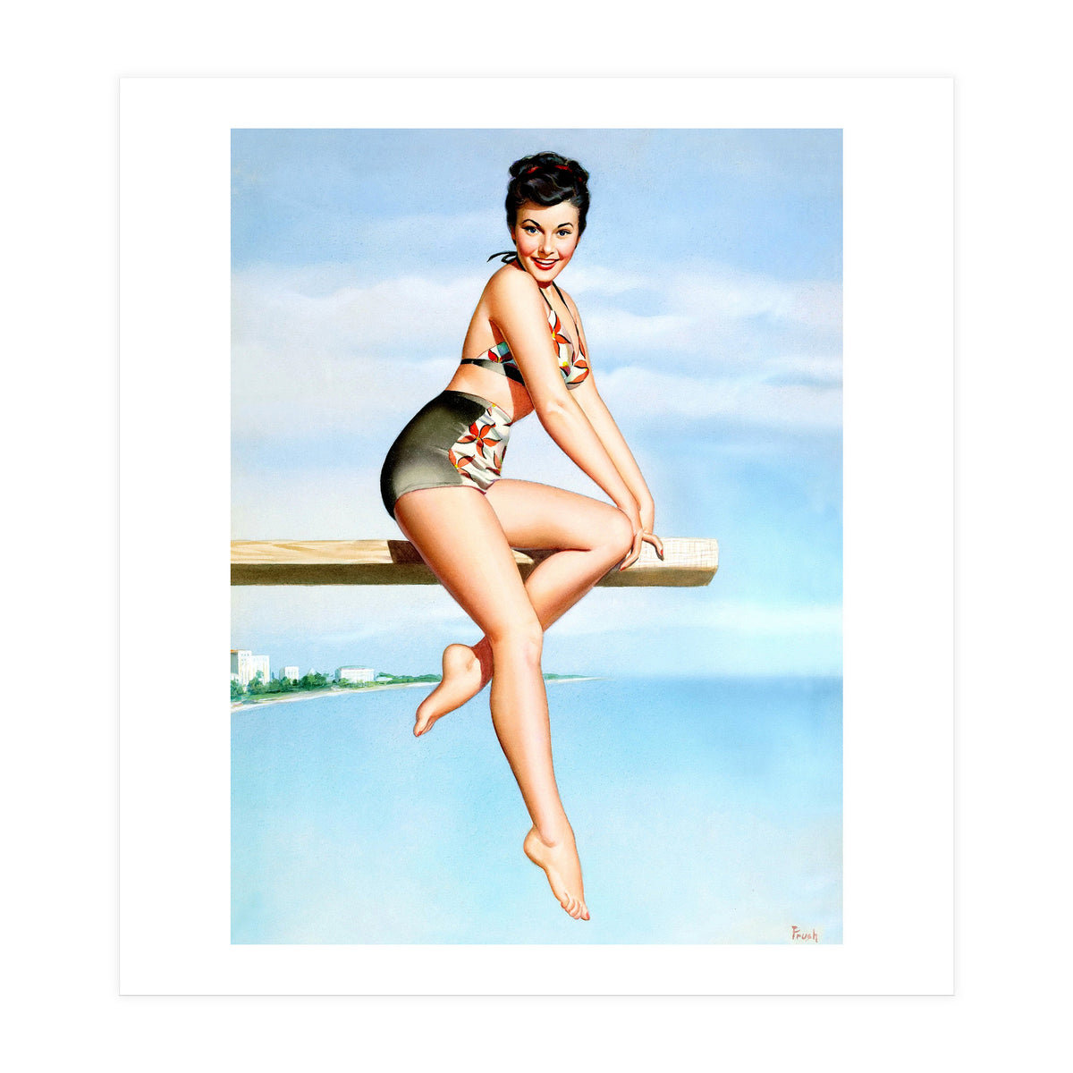 Smiling Sexy Pinup Girl Posing On A Board (Print Only)