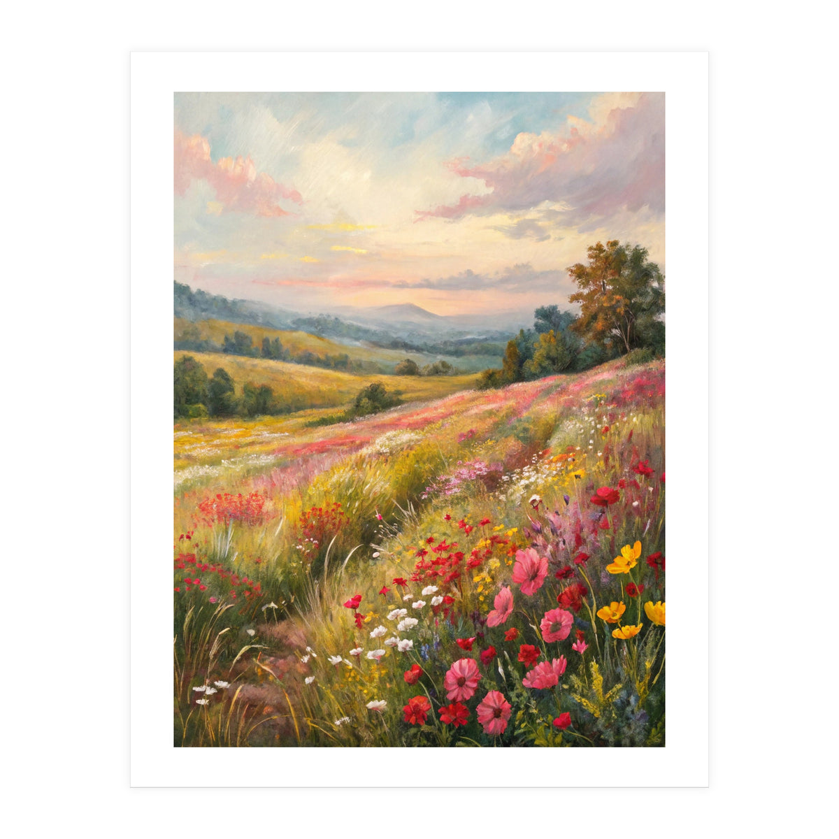 Serene Wildflower Meadow at Sunset Oil Painting (Print Only)