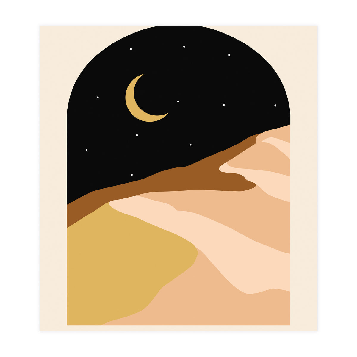 Desert Nights, Modern Bohemian Travel Sand Dunes, Eclectic Moon Stars Vintage Arc, Pastel Building Nature Landscape (Print Only)