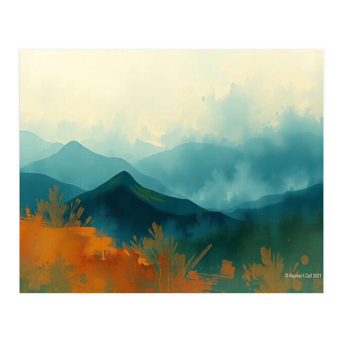 Long Title Misty Blue Mountain Range Landscape (Print Only)