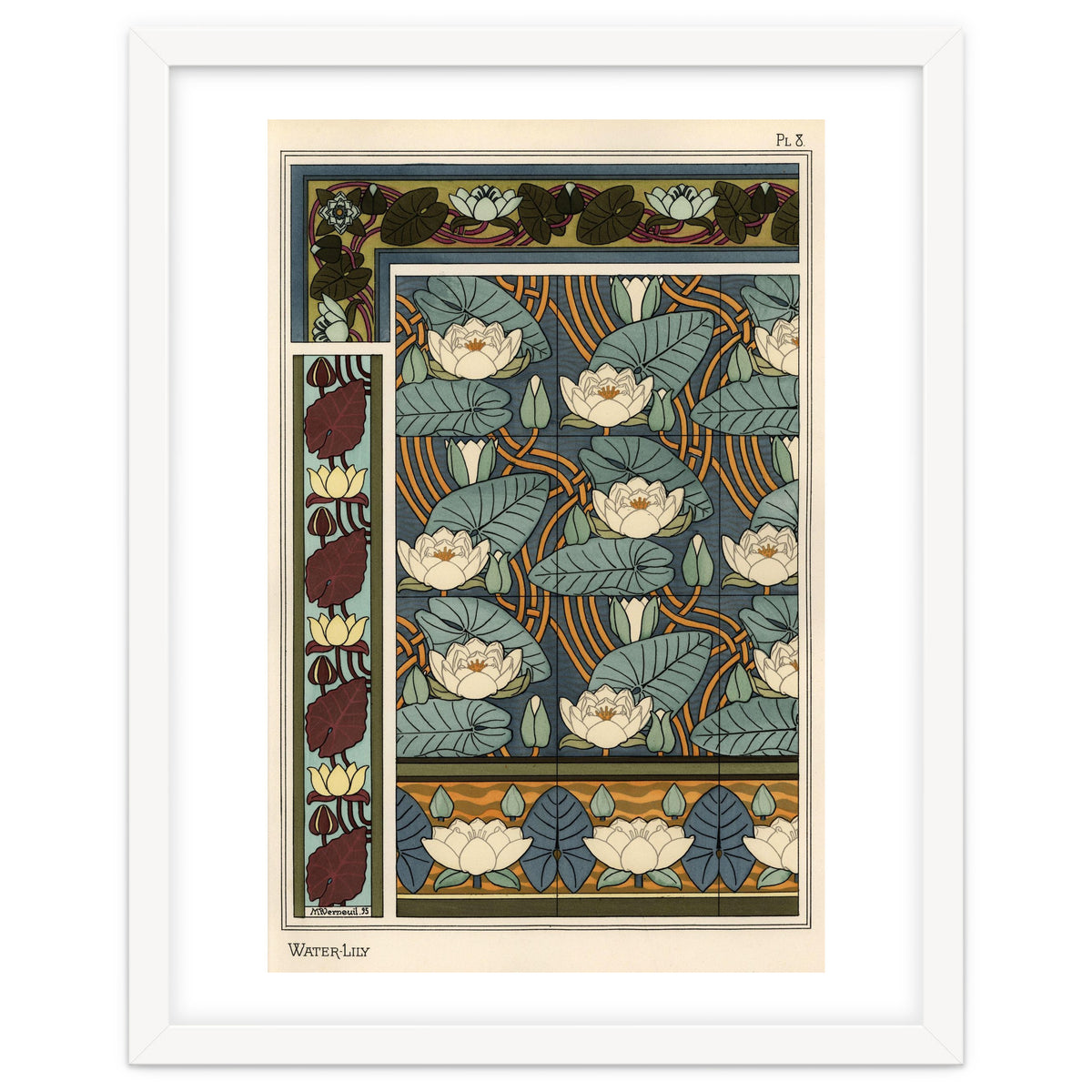 The water lily, Nelumbo lutea, in wallpaper and tile patterns. Lithograph by Verneuil.