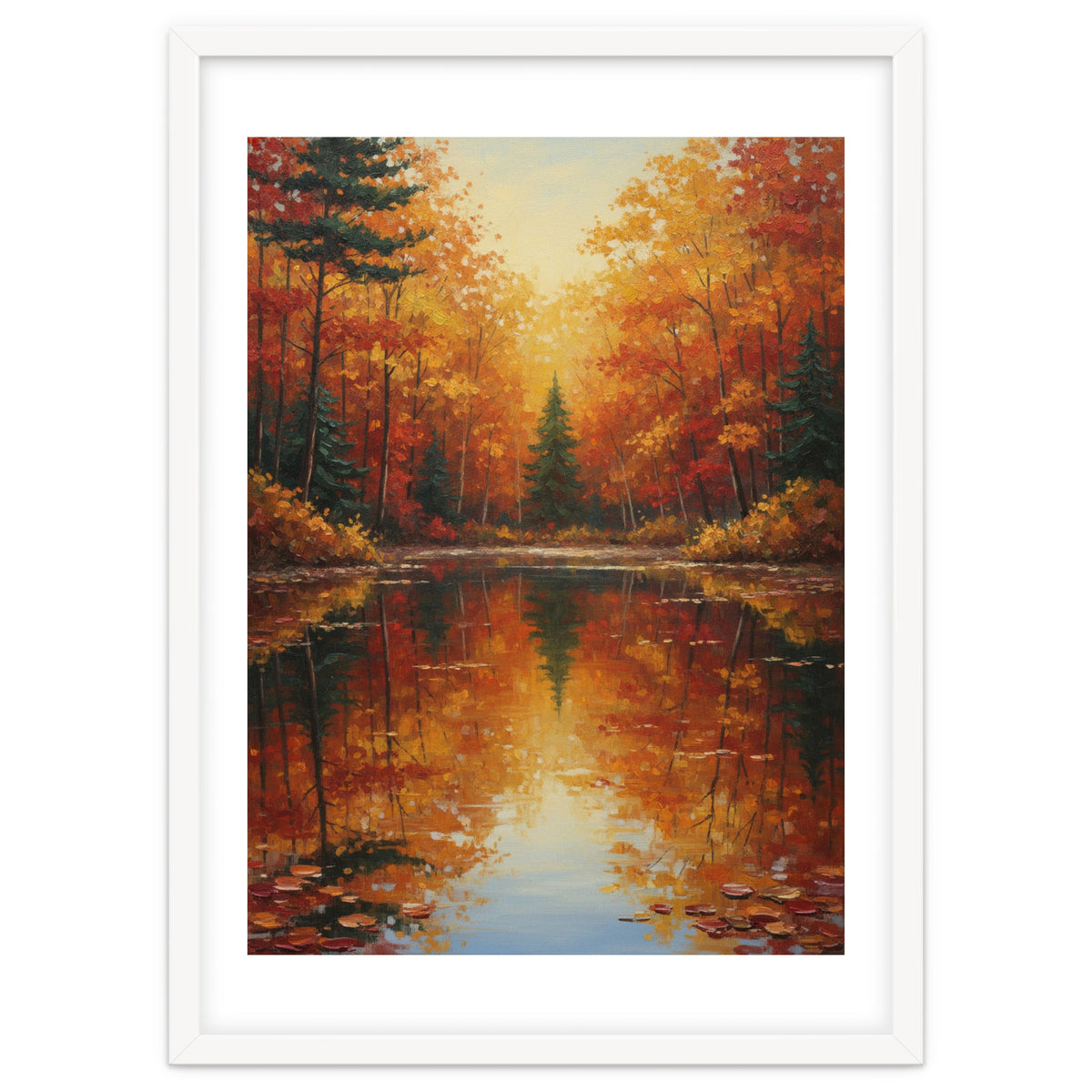 Golden Autumn Reflection: Impasto Forest Landscape