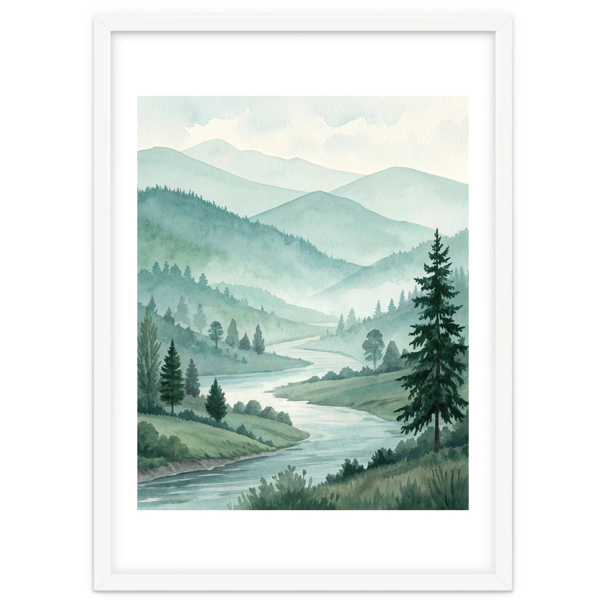Serene Misty Mountain Valley Watercolor Painting