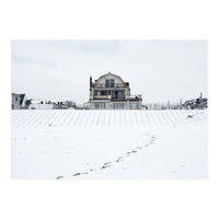 Footprints and house in winter snowscape (Print Only)