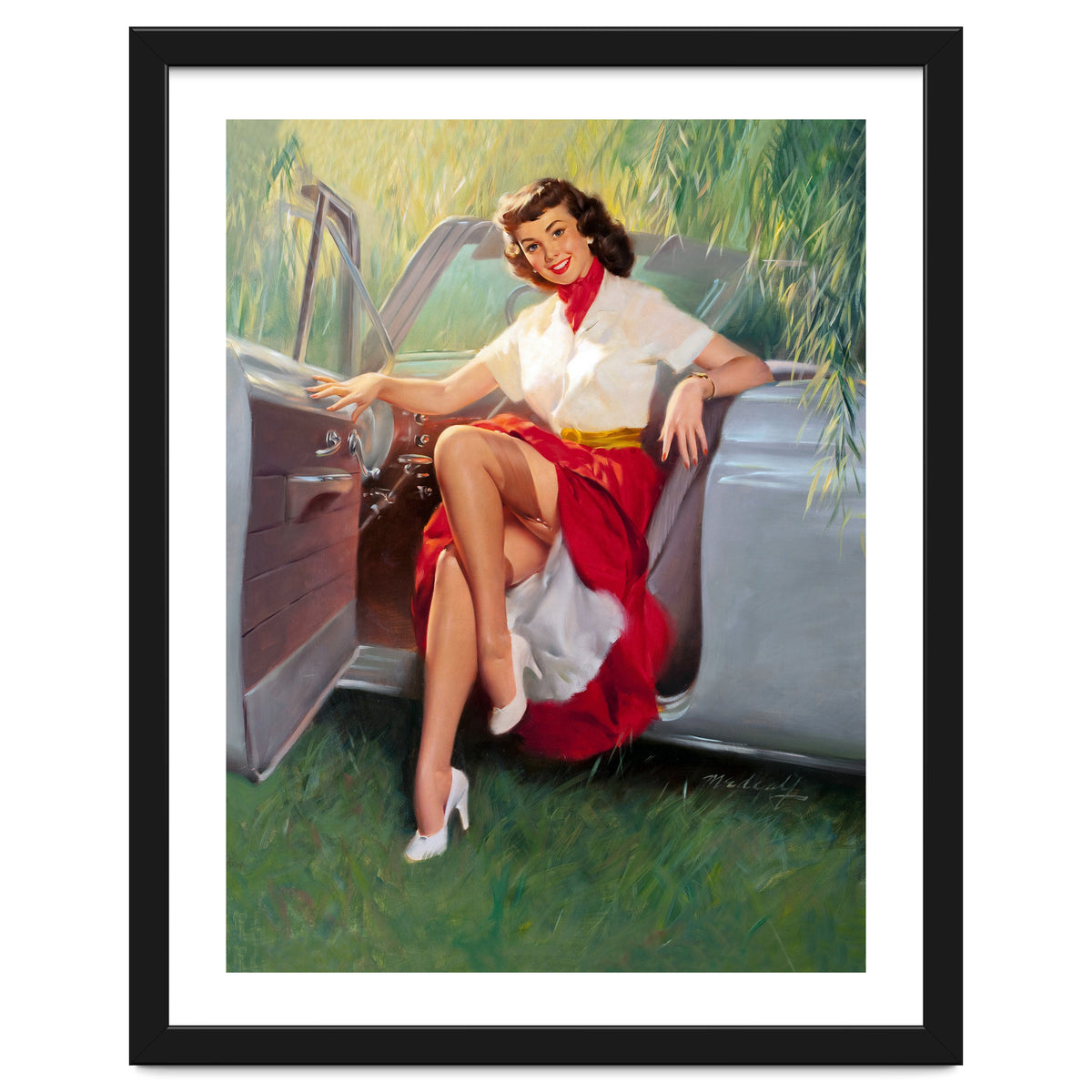 Sexy Pinup Woman Posing In Convertible Car