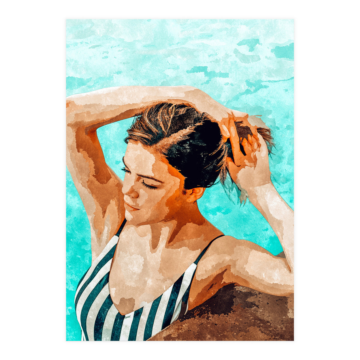 Simulacrum | Modern Bohemian Woman Swim | Summer Swimming Pool Fashion Watercolor Painting (Print Only)