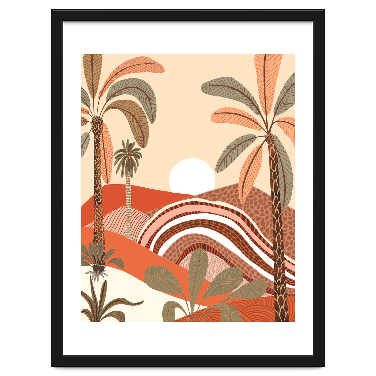 Epiphany, Pastel Rustic Sunrise Sunset, Bohemian Nature Landscape Illustration, Mountains Adventure Palm Trees