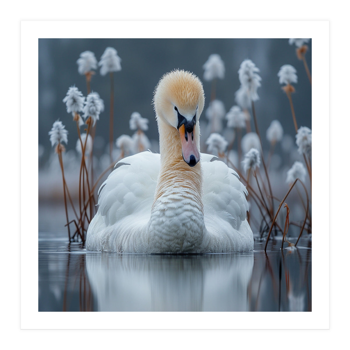 Swan Floating Serene On Calm Water (Print Only)