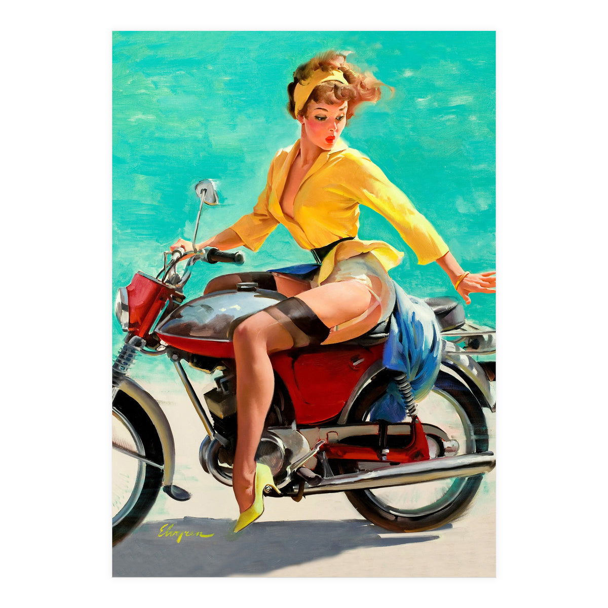 Pinup Sexy Motorcycle Girl (Print Only)