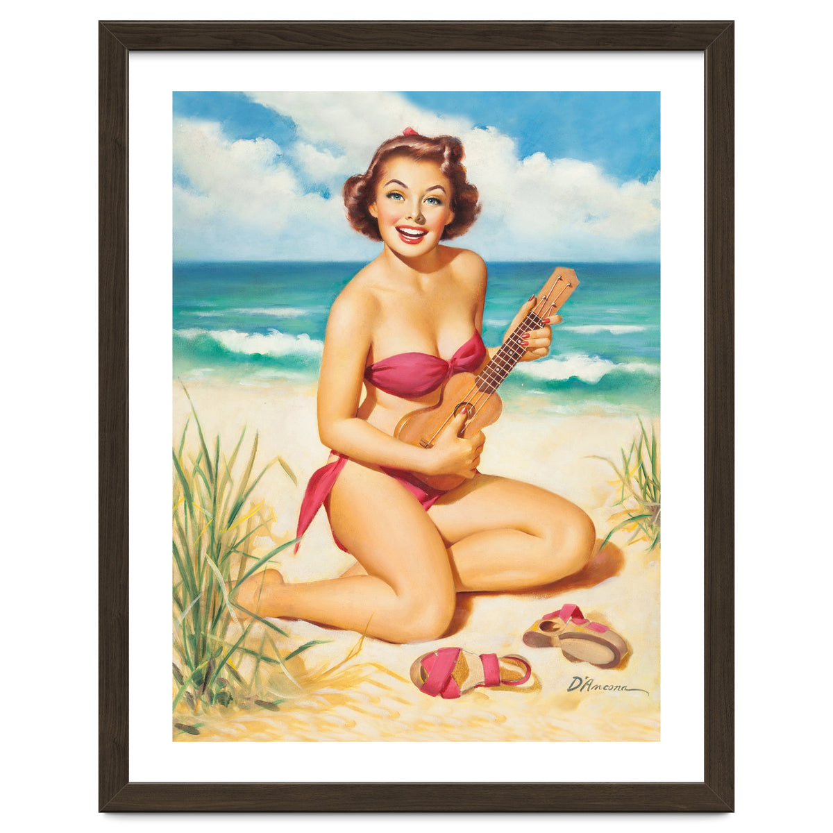 Pinup Girl Playing Ukulele On The Beach