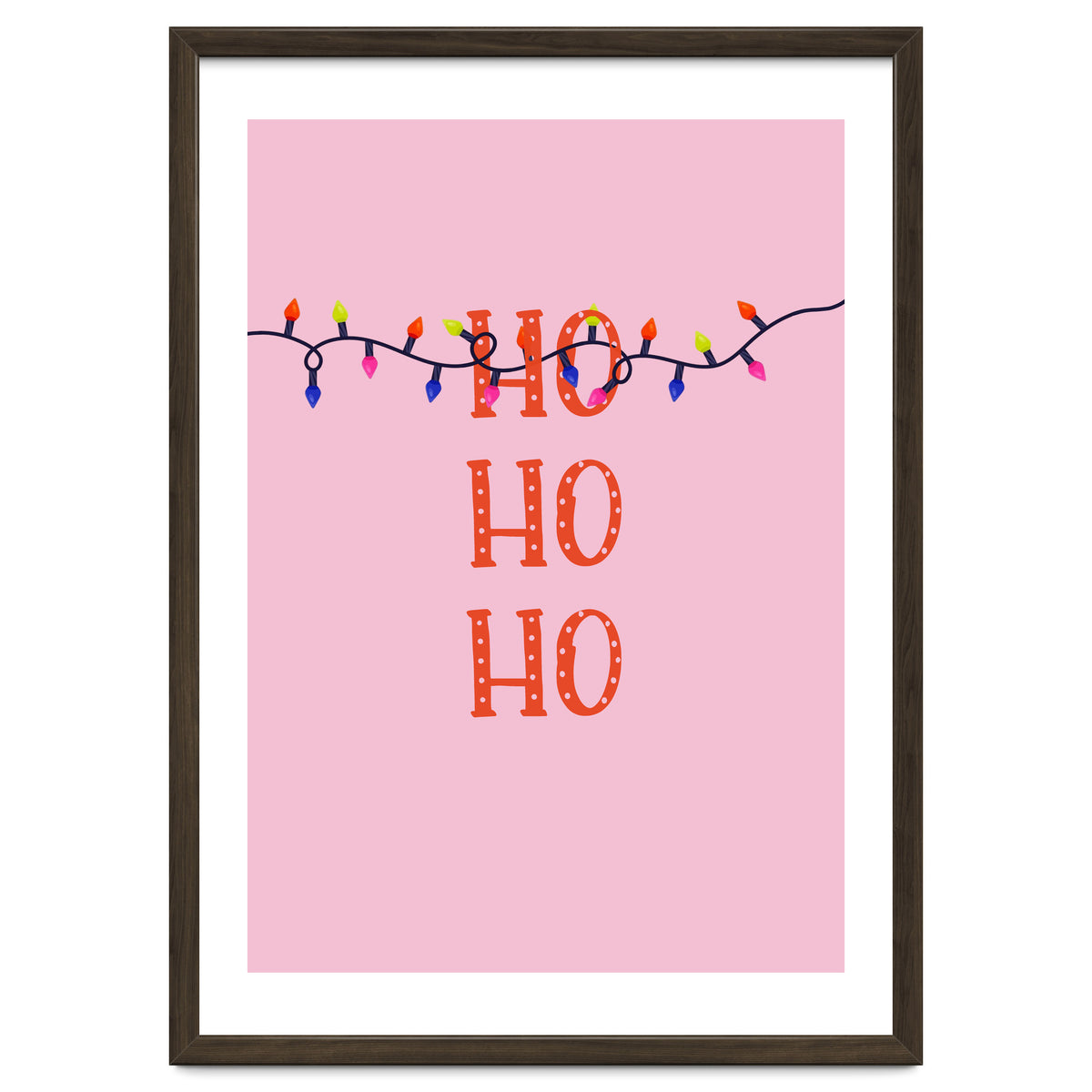 HO HO HO Christmas Lights Art, Pink Holiday Illustration, Modern Festive Quote
