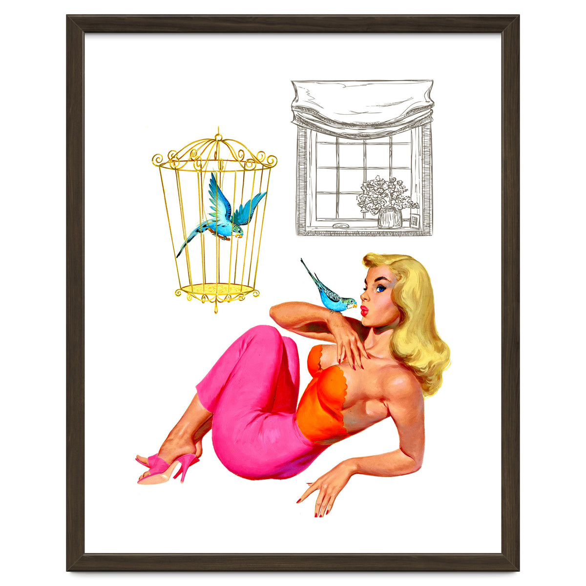 Pinup Girl With Two Birds