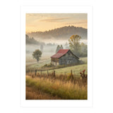 Rustic Red Roof Barn in Misty Morning Valley Landscape (Print Only) thumbnail