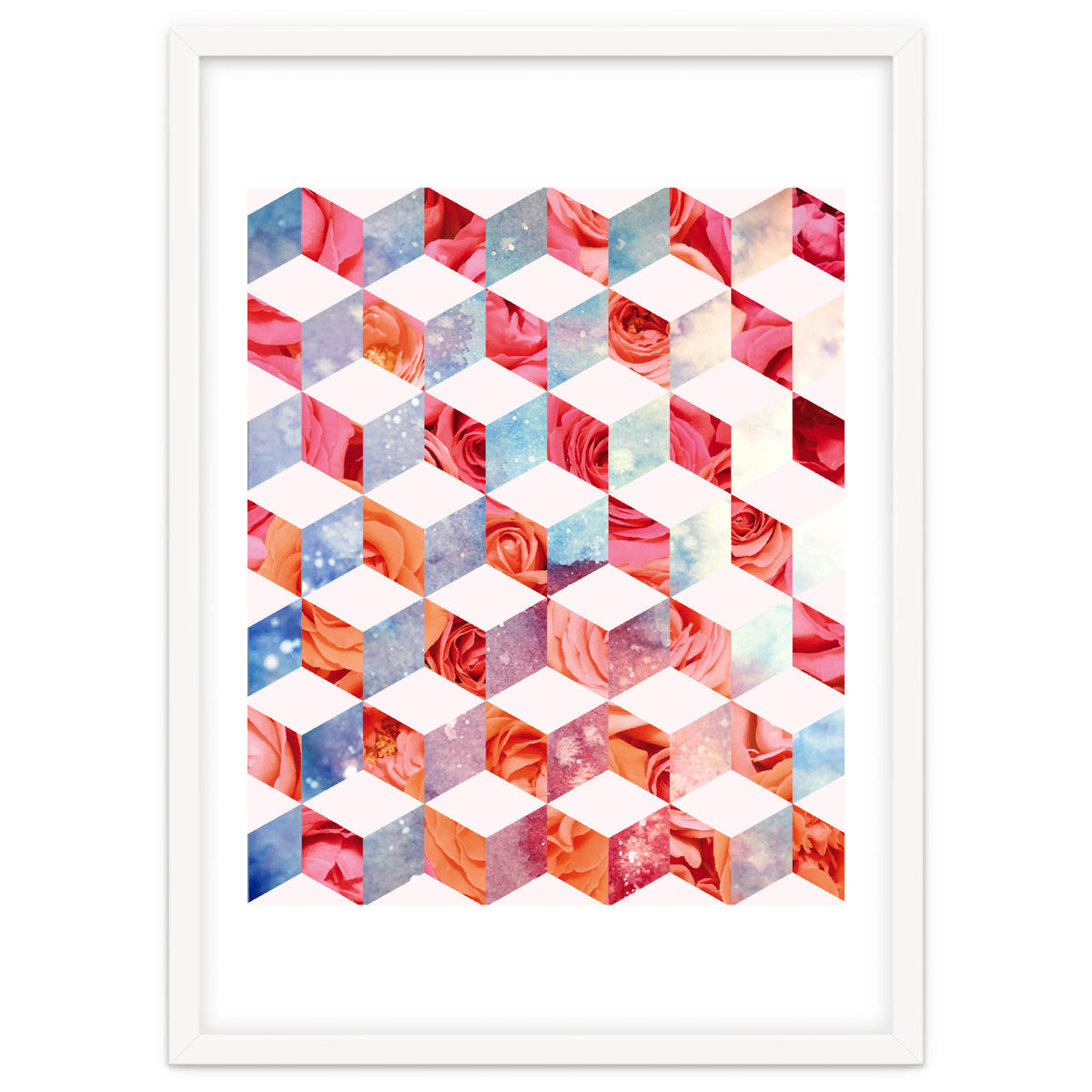 Eve's Sweet Garden of Roses, Geometrical Eclectic Shapes Digital Collage, Surrealism Floral illusion