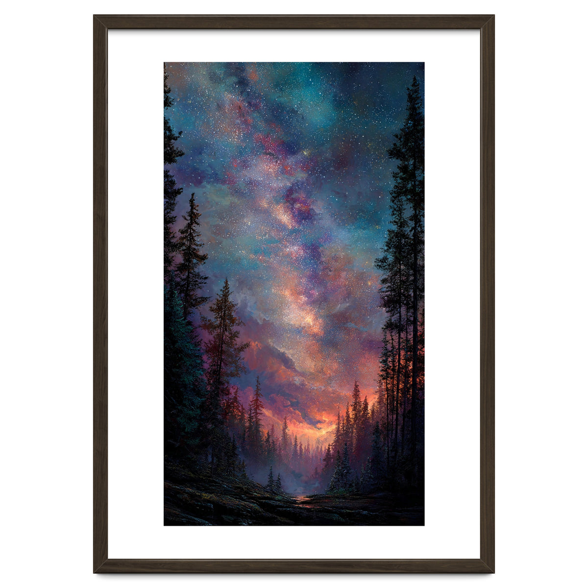 Magical Milky Way Night Sky over Pine Forest Silhouette Art