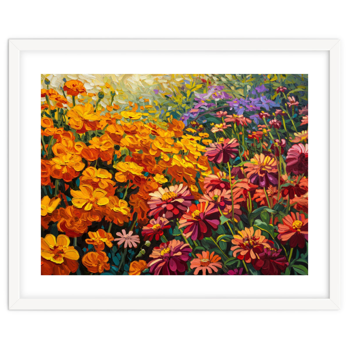 Radiant Summer Zinnia and Marigold Meadow Oil Painting