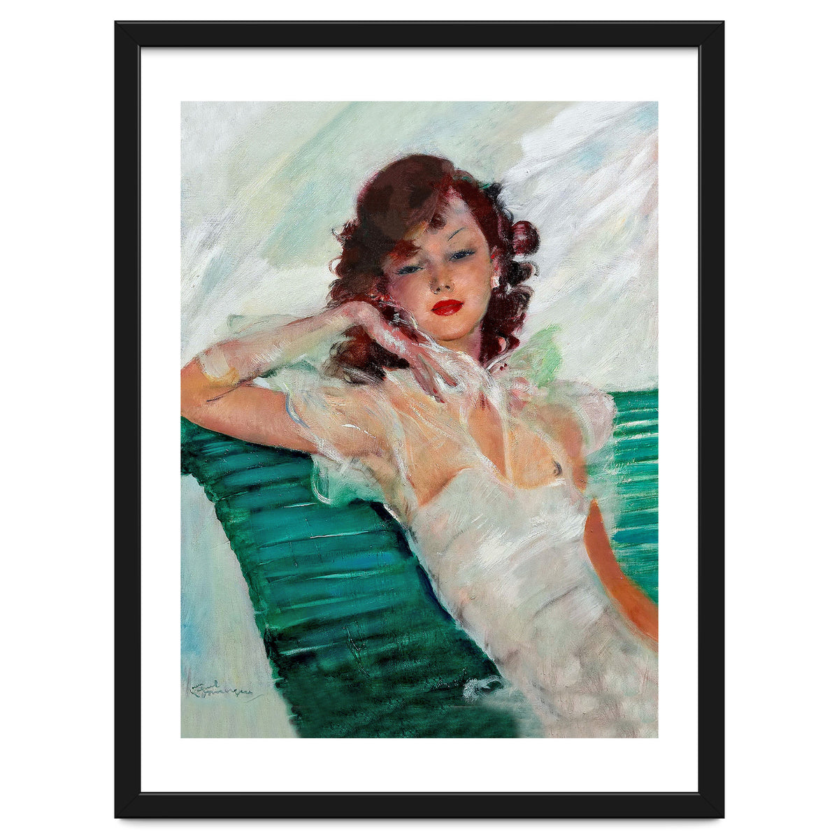 Girl Is Resting On A Green Bench, Watercolor Painting