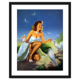 Beautiful Pinup Girl Feeding White Pigeons thumbnail