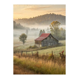Rustic Red Roof Barn in Misty Morning Valley Landscape (Print Only) thumbnail