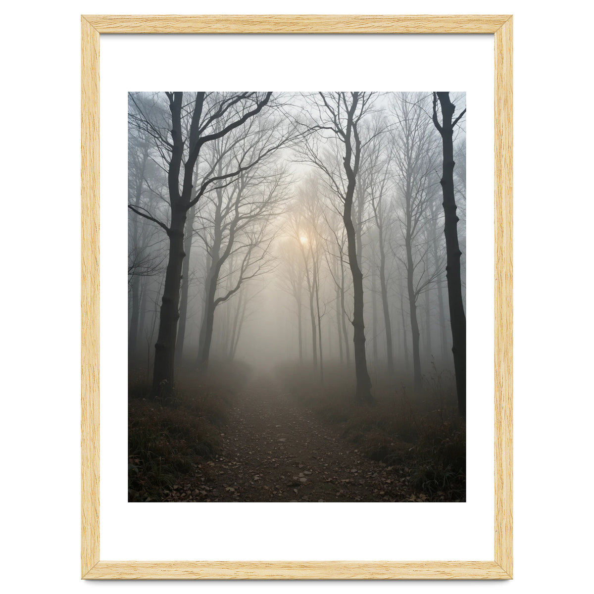 Ethereal Morning Light Breaking Through Dense Forest Fog