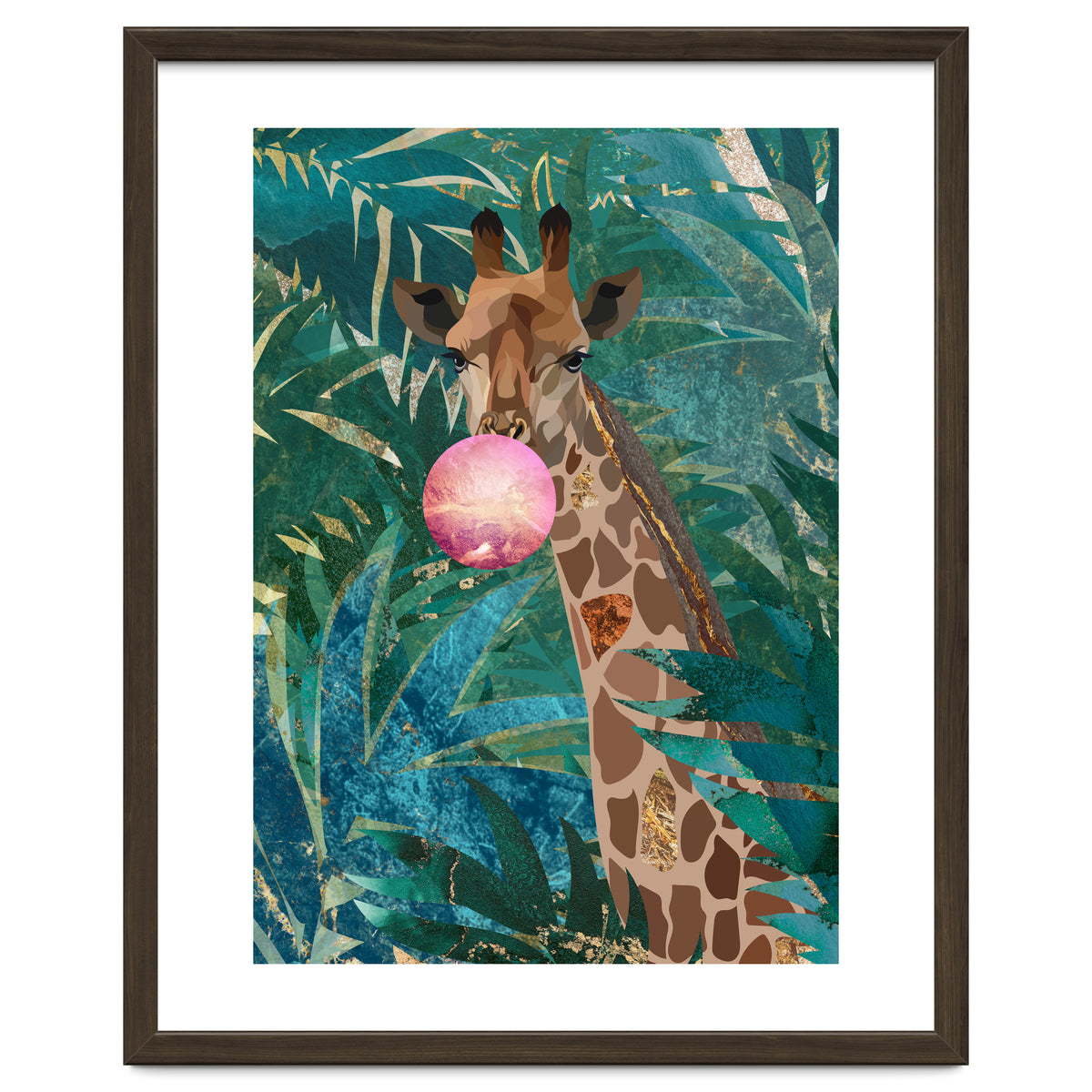 Giraffe blowing a bubble in the jungle