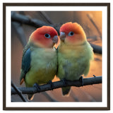 Two Lovebirds Perched On A Branch At Sunset thumbnail