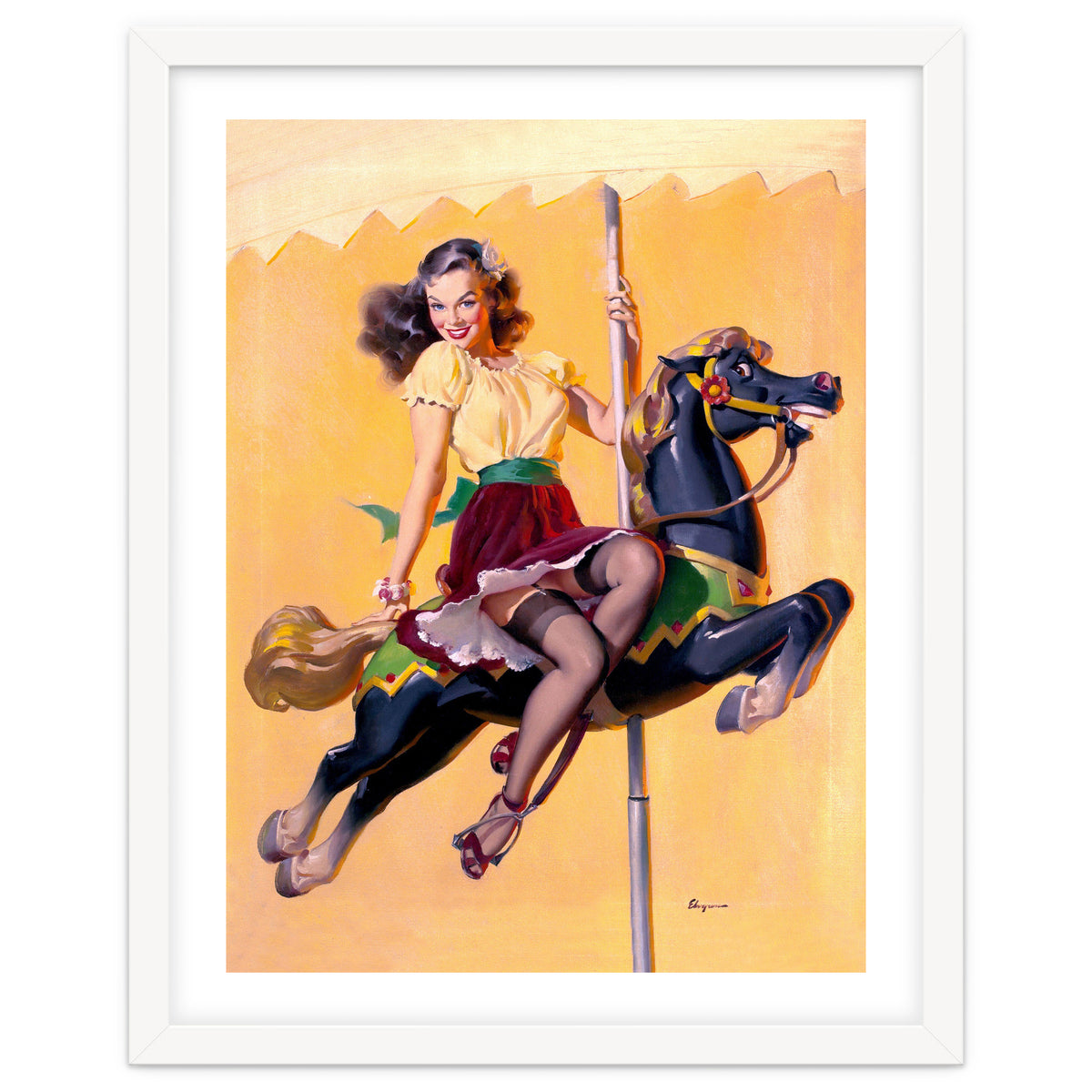 Pinup Sexy Girl Riding A Wooden Horse
