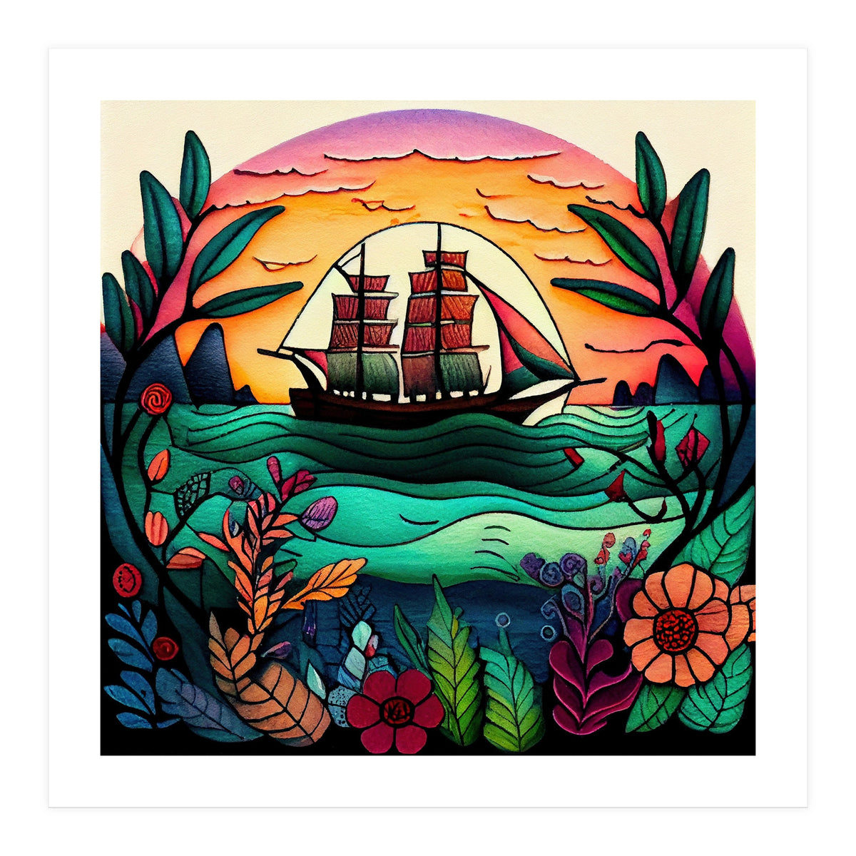 Folk Sunset Sailing Ship (Print Only)
