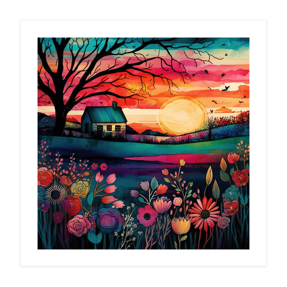 Watercolor Folk Art Sunset Landscape (Print Only)