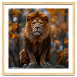 Majestic Lion Sitting On A Rock In Autumn Forest thumbnail
