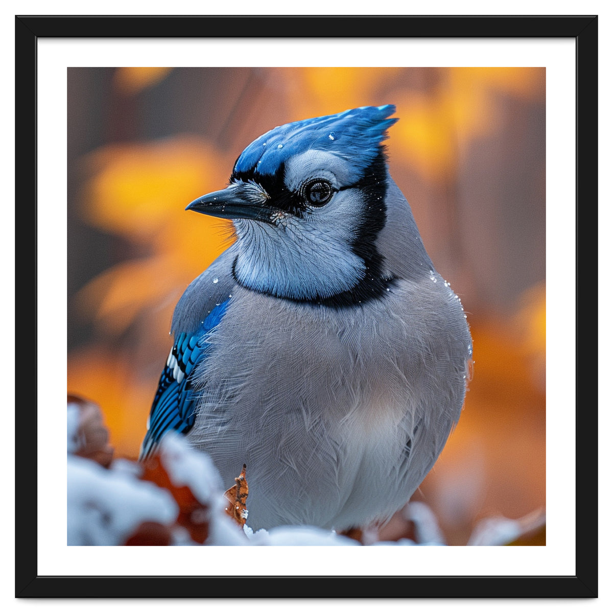 Blue Jay Bird In Winter Snowfall And Leaves