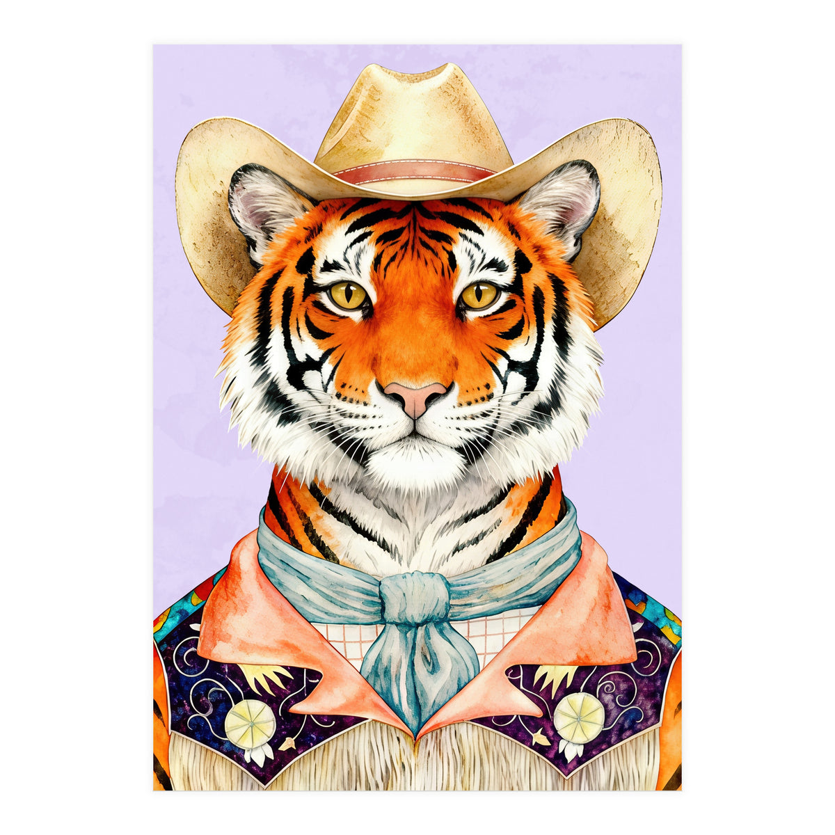 Tiger Portrait in Hat Wild Cowboy Fashion  (Print Only)
