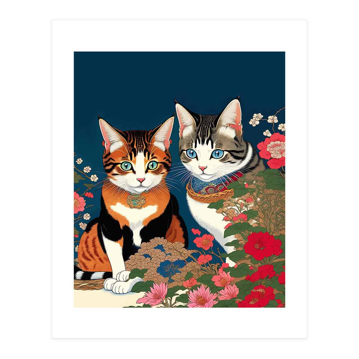 The Perfect Companion, Cute Cats Japanese Pets, Whimsical Animals Cat Vintage Love Friends Together (Print Only)