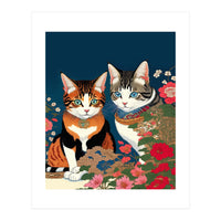 The Perfect Companion, Cute Cats Japanese Pets, Whimsical Animals Cat Vintage Love Friends Together (Print Only)