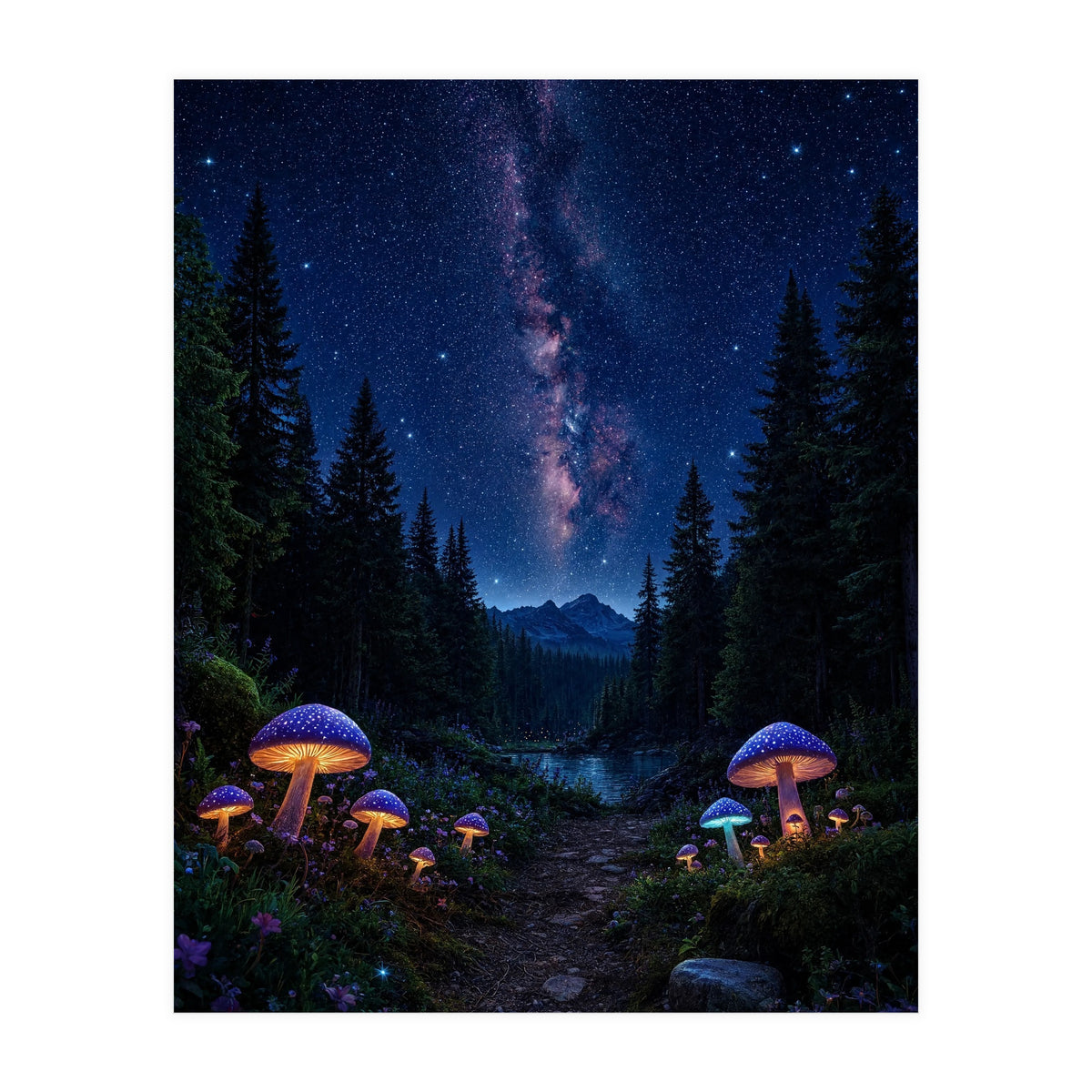 Enchanted Midnight Forest: Glowing Mushrooms and Milky Way (Print Only)