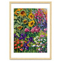 Vibrant Summer Sunflower and Iris Meadow Oil Painting