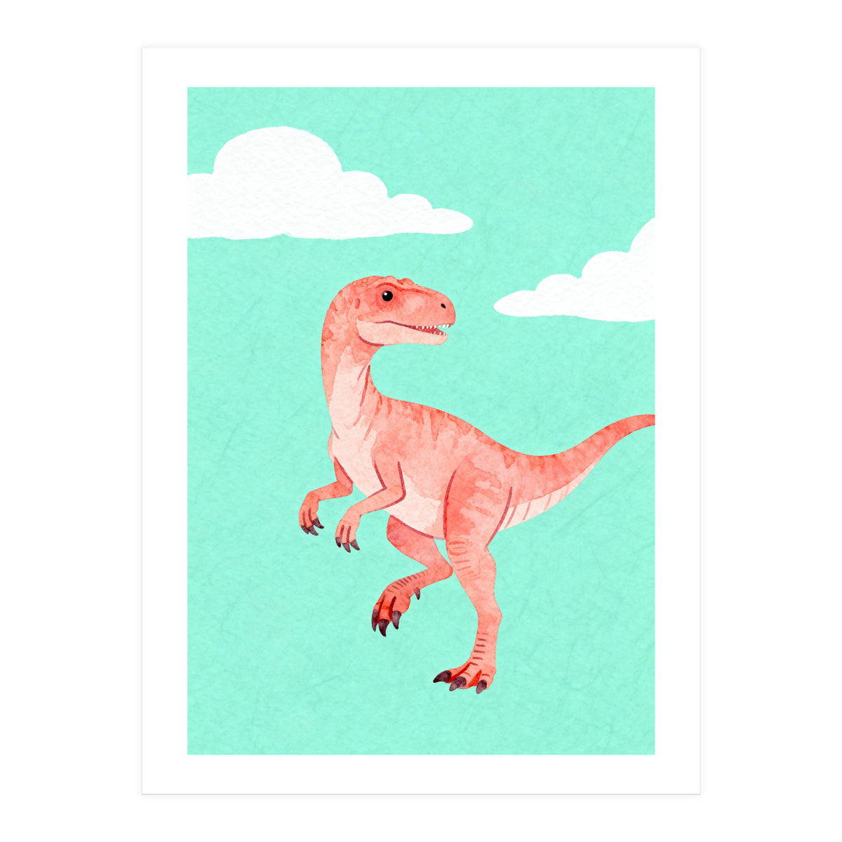 Velociraptor Watercolor Art, Cute Dino Nursery Print, Whimsical Dinosaur Illustration (Print Only)
