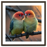 Two Lovebirds Perched On A Branch At Sunset thumbnail