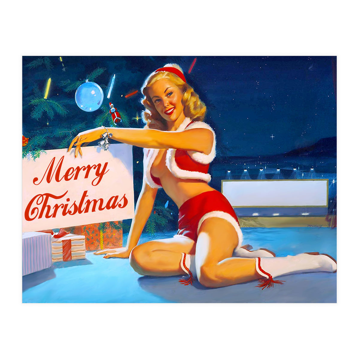Pinup Girl In Santa Costume With Marry Christmas Sign (Print Only)