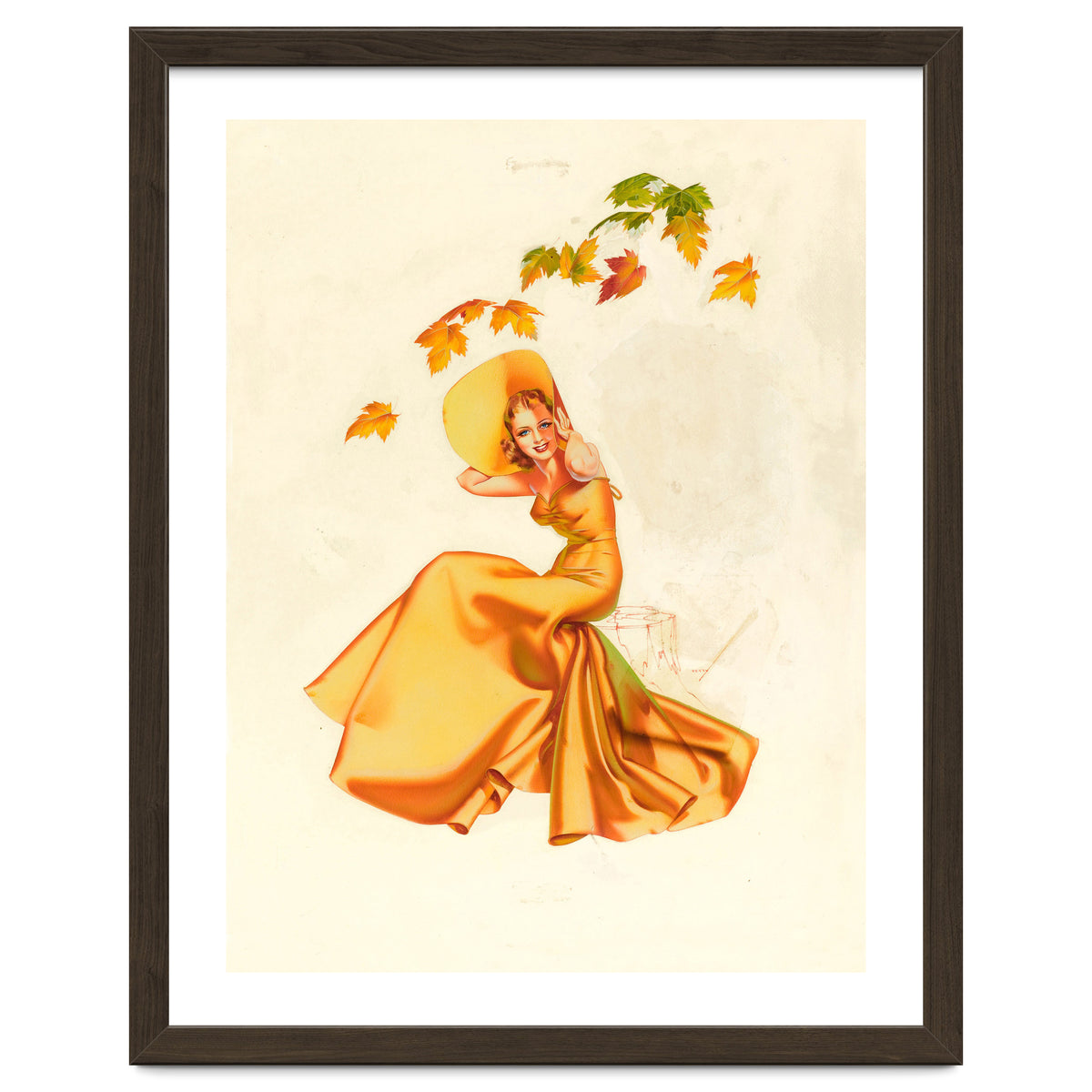 Woman Posing In Yellow Dress And Autumn Leafs